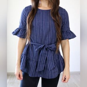 Casual‎ Preppy Nautical PinStripe Ruffled Flowy Blouse DOE & RAE S Navy